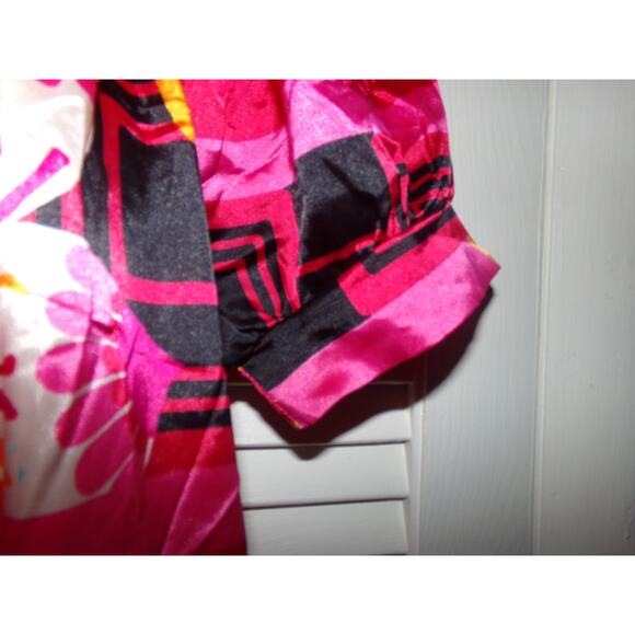 Bebe O made in France geometric print satin dress L oranges and pinks - Picture 3 of 5